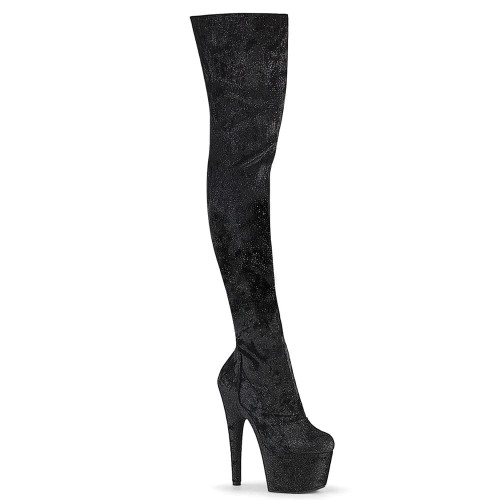 Pleaser Adore-3000WR – Black glitter thigh-high boots (heel 17.8 cm)