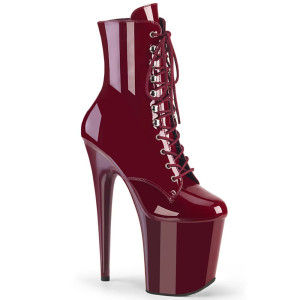  Pleaser Flamingo-1020 – Bordeauxfarbene Lack-Stiefeletten (Absatz 20 cm)