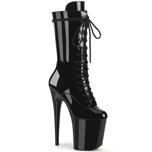 Pleaser Flamingo-1050 – Schwarze Lackleder-Stiefel mit Schnürung (Absatz 20 cm)