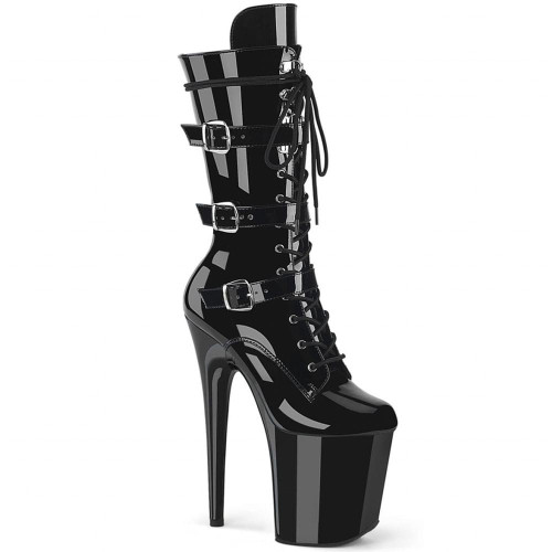 Pleaser Flamingo-1053 – Schwarze Lackleder-Stiefeletten mit Schnallen (Absatz 20 cm)