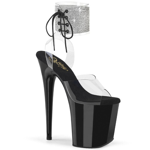Pleaser Flamingo-891-2RS – Schwarze Sandaletten mit Strass und Schnürung (Absatz 20 cm)
