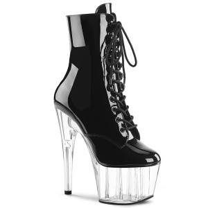 Pleaser Adore-1020 - Schwarze Lack/Clear-Leder Stiefeletten (Absatz 17.8 cm)