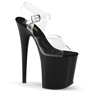 Pleaser Flamingo-808 - Klare/schwarze Knöchelriemen-Sandalen mit hoher Plateausohle (20,3 cm Absatz)