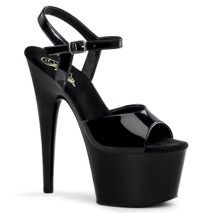 Pleaser Adore-709 - Schwarze Lack- / Schwarze Knöchelriemen-Sandalen (Absatz 17.8 cm)