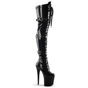 Pleaser Flamingo-3028 - Schwarze Lackleder Overkne Stiefel (20 cm Absatz)